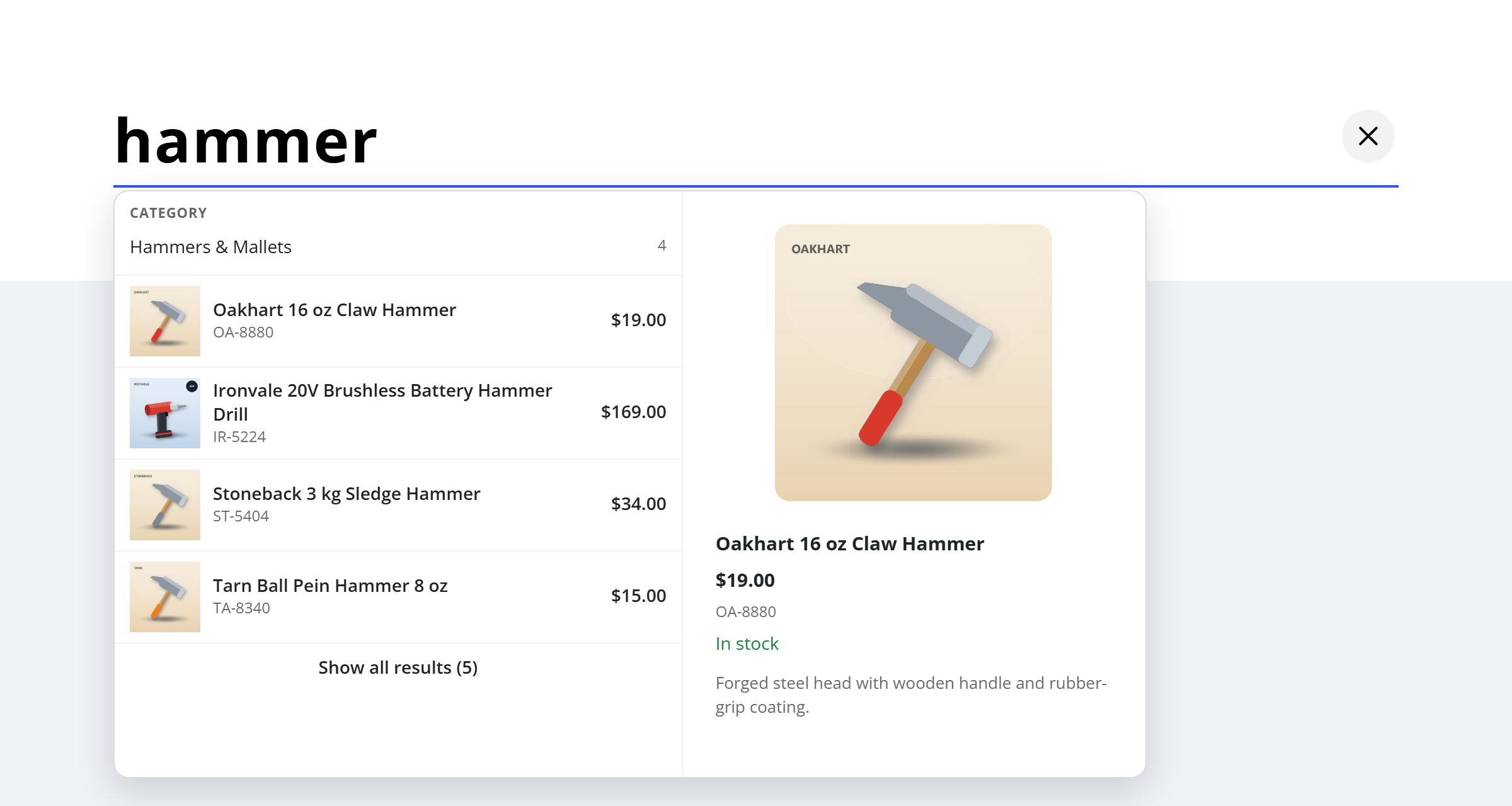 Instant search dropdown with thumbnails, prices and a details panel